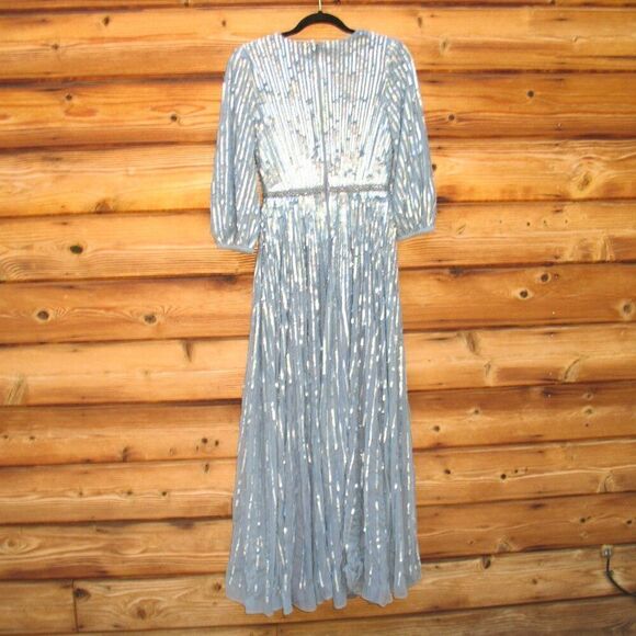 Mac Duggal 5509 Womens Blue Sequin Wrap Over 3/4 Sleeve Gown - Picture 9 of 14